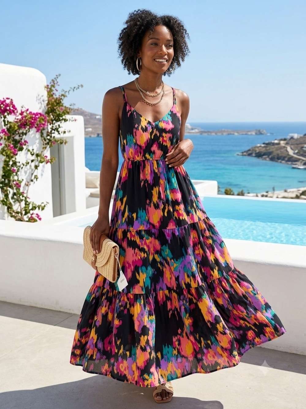 NWT Abstract Watercolor Print Tiered Maxi Dress Small